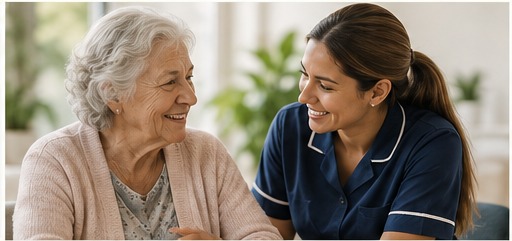 Care professional communicating warmly with an older adult